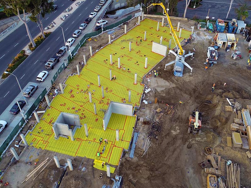 Aerial view of Stego Wrap installation at unfinished construction site